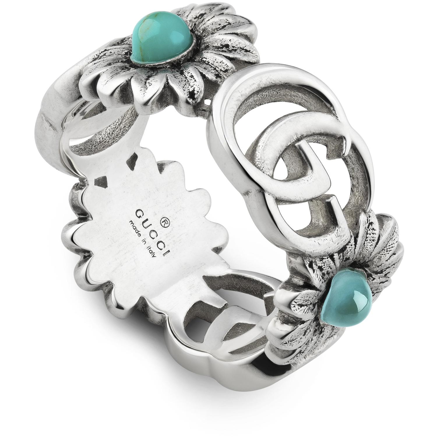 Gucci - YBC527394001 - Argento 925, Madreperla, Topazio, Resina - Ring with Double G and flower motif in shiny aged sterling silver, mother of pearl, blue topaz and turquoise resin