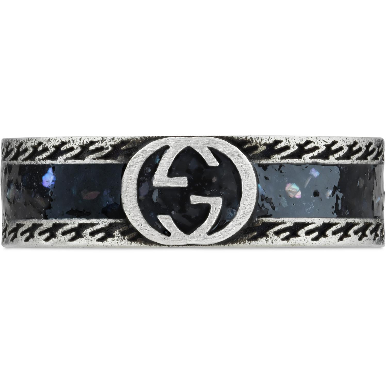 Gucci - YBC645573002 - Interlocking G Ring in sterling silver and black enamel with detail