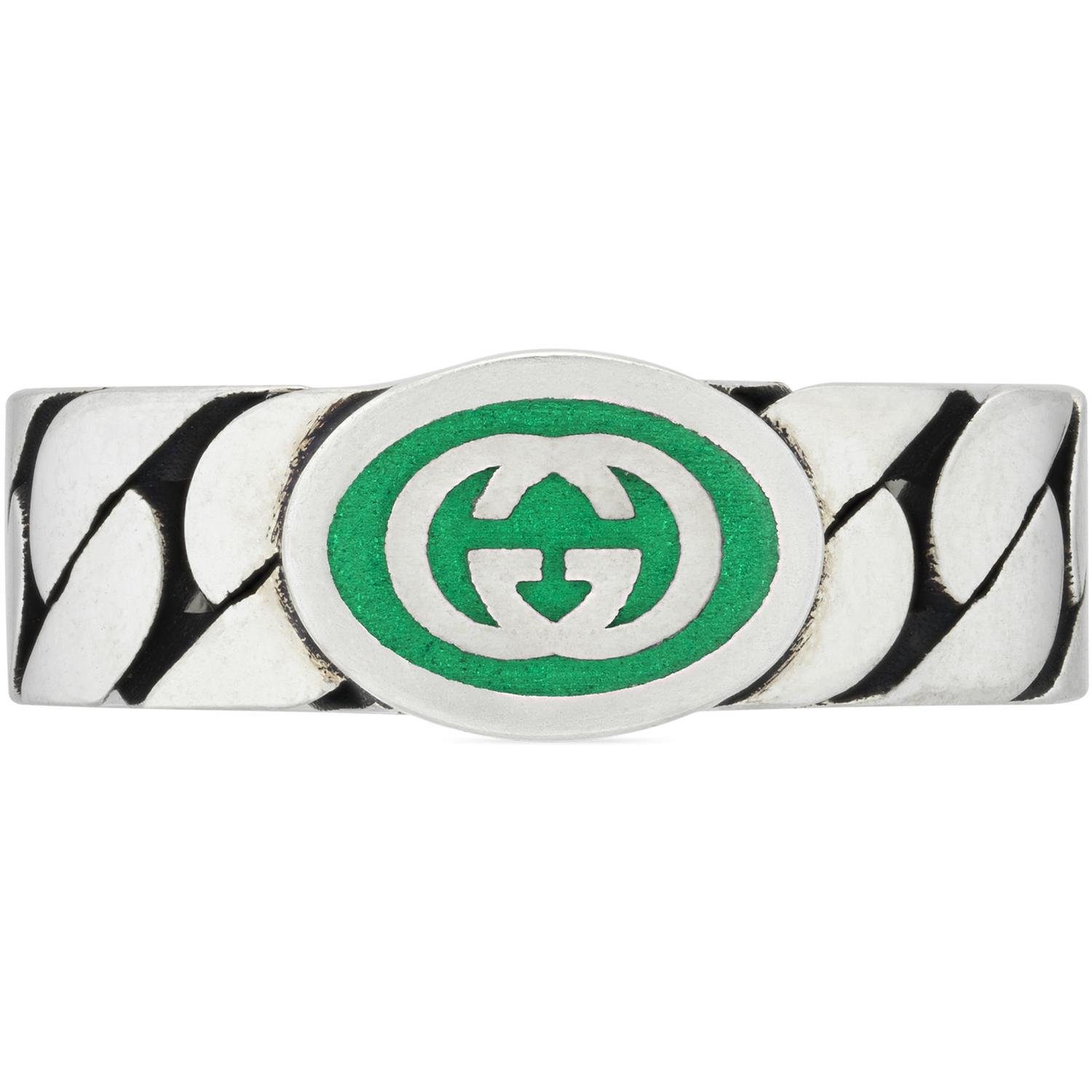 Gucci - YBC701612001 - Interlocking G Ring in sterling silver and green enamel with detail