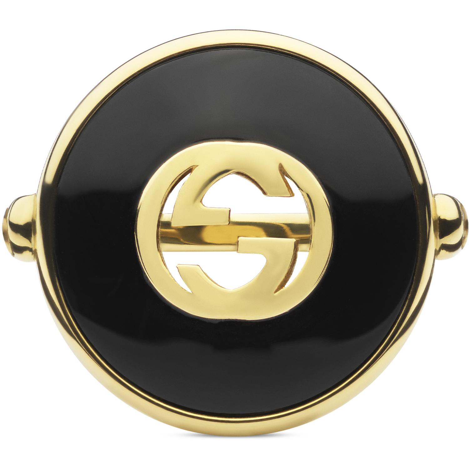 Gucci - YBC786604001 - Gucci Interlocking Ring in yellow gold, onyx and diamond