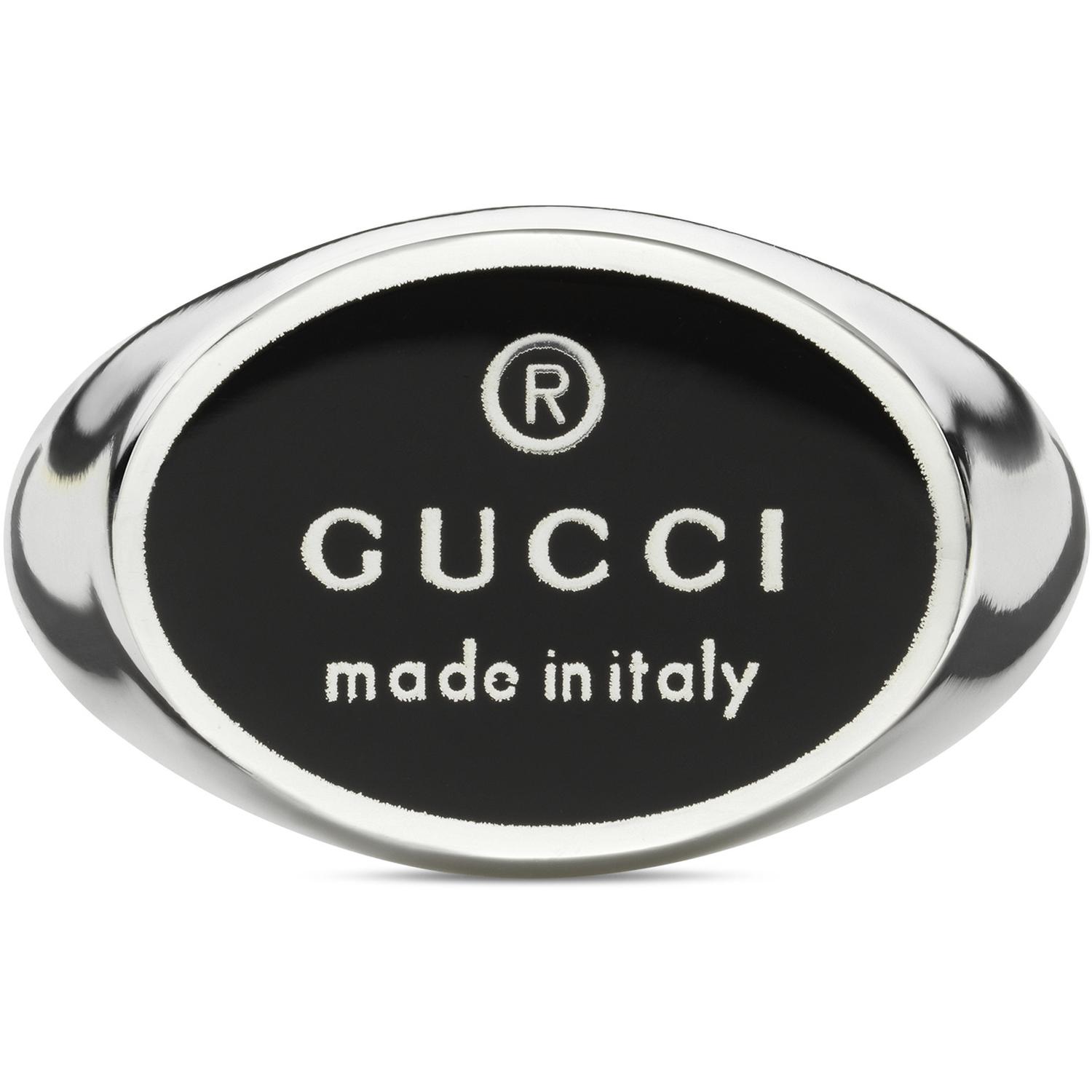 Gucci - YBC797143001 - Trademark Chevalier ring  in sterling silver with black enameled oval tag
